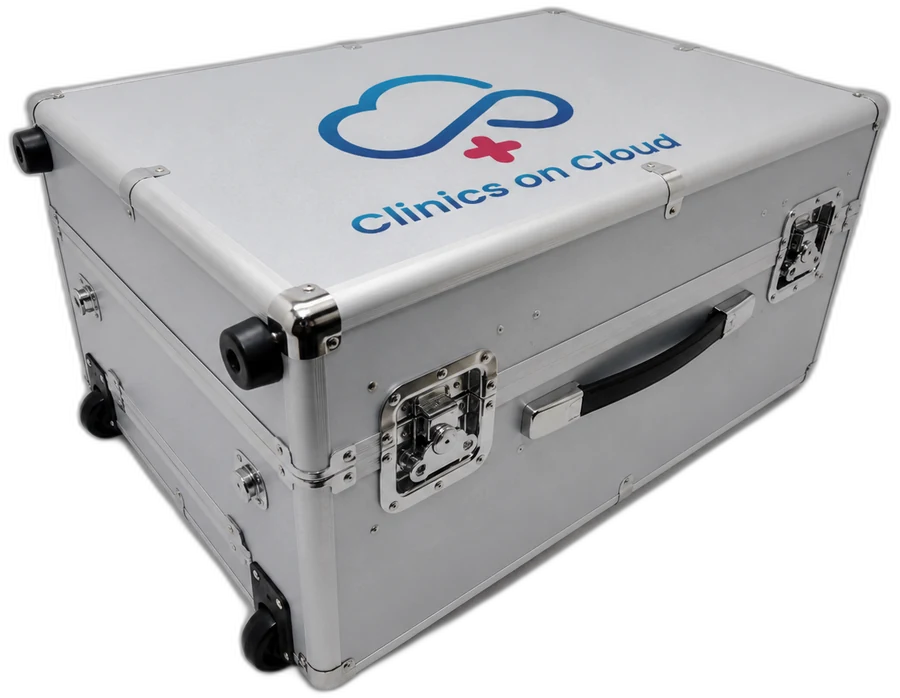 The Box Clinic closed, branded lid, corner guards and trolley wheels
